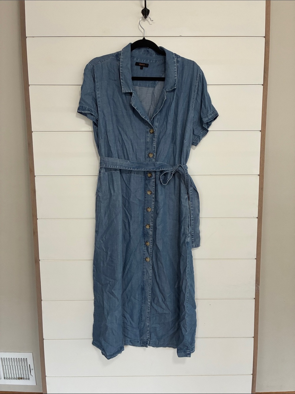 Quince Blue Button-Front Denim Midi Dress with Tie Waist - Picture 5 of 12